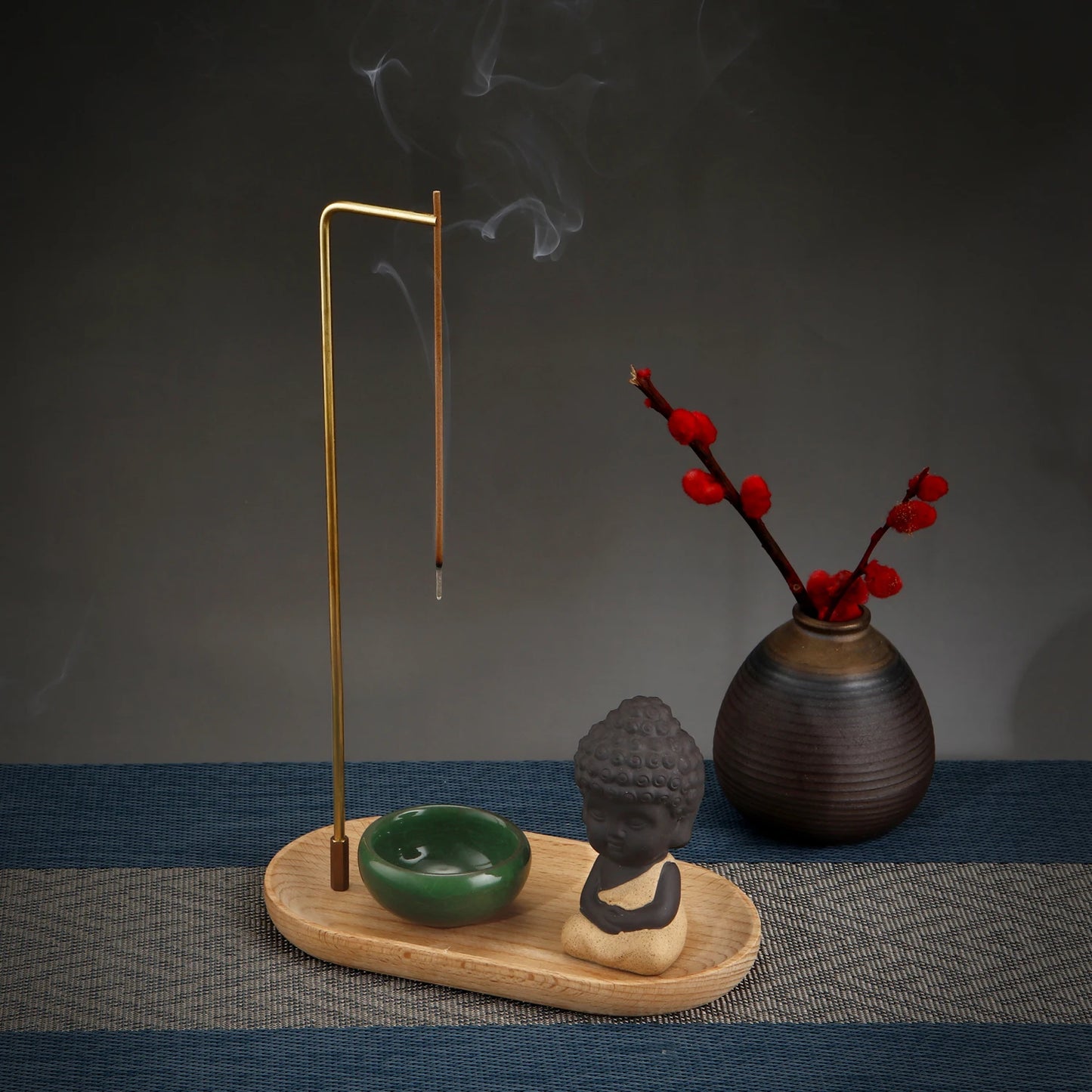 Ceramic Monk Incense Burner Set Brass Smoke Backflow Incense Holder with Wooden Incense Tray Ceramic Ash Catcher