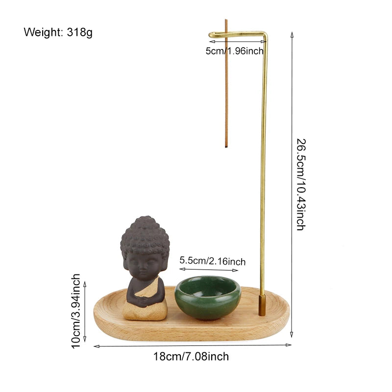 Ceramic Monk Incense Burner Set Brass Smoke Backflow Incense Holder with Wooden Incense Tray Ceramic Ash Catcher