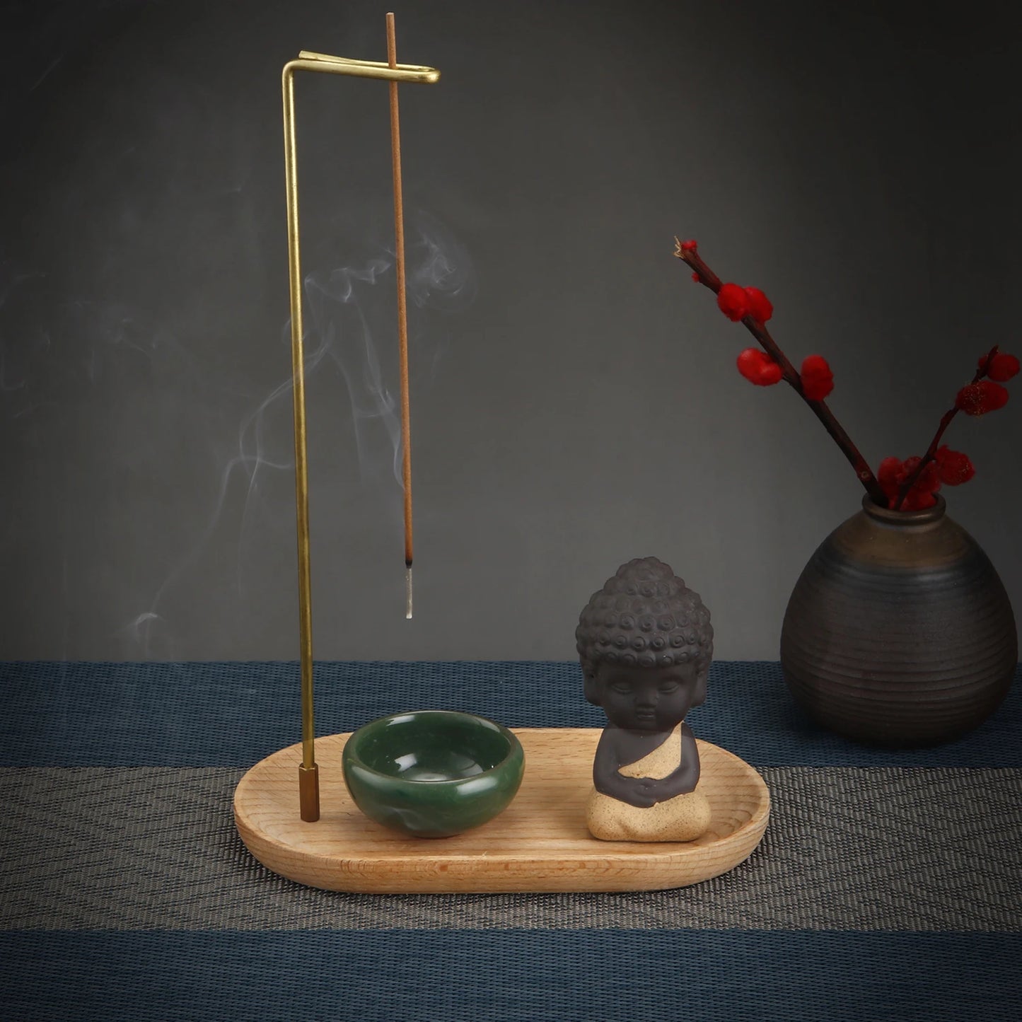 Ceramic Monk Incense Burner Set Brass Smoke Backflow Incense Holder with Wooden Incense Tray Ceramic Ash Catcher