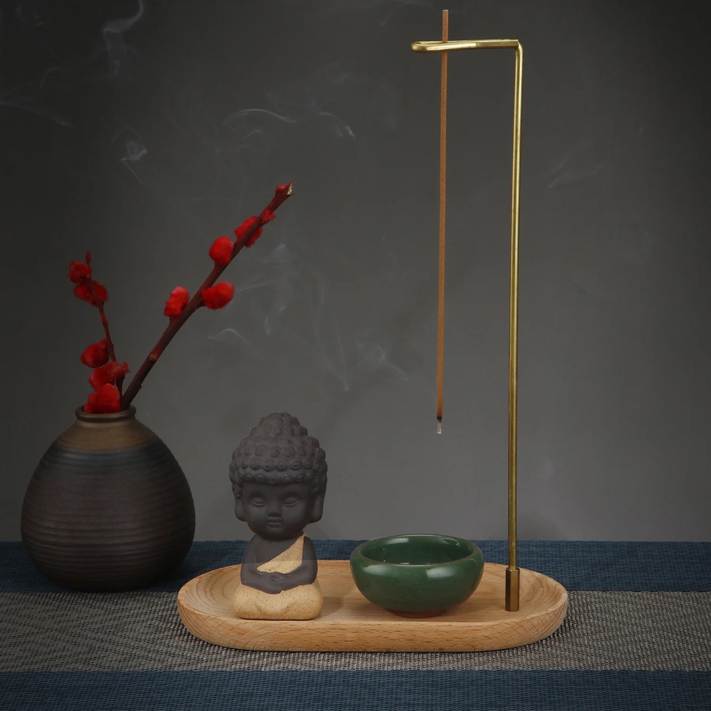 Ceramic Monk Incense Burner Set Brass Smoke Backflow Incense Holder with Wooden Incense Tray Ceramic Ash Catcher